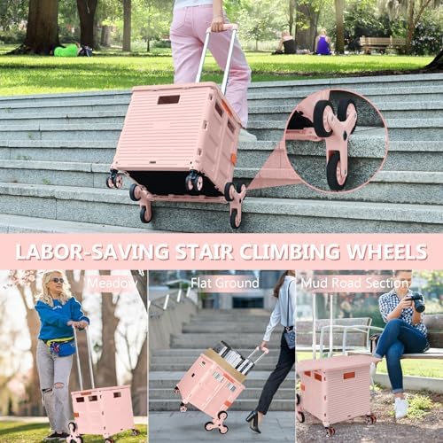 Foldable Utility Cart with Stair Climbing Wheels,Collapsible Rolling Crate with Magnetic Lid Telescopic Cover,Telescoping Handle,360° Rotate Wheel Hand Cart for Teacher Shopping Moving Grocery(Pink) - Image 6