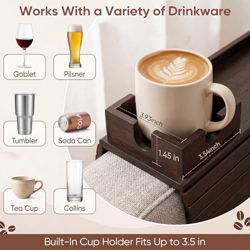 Bamboo Couch Arm Tray with Cup Holder, Sofa Armrest Table, Brown - Image 7