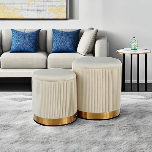 YYW HOME Round Ottoman with Storage Set of 2 White Vanity Stool Foot Rest - Image 6