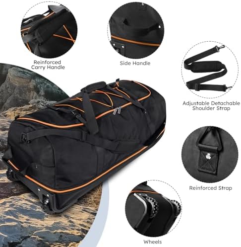 110L Expandable to 140L 32” Foldable Oxford Soft-Sided Rolling Duffle Bag with 2 Heavy-Duty Wheels,2 Large Compartments,Adjustable Shoulder Strap and Attached Organizer Pouch,Black Orange - Image 3