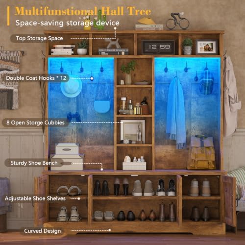 CSZZD Large Hall Tree with Bench and Shoe Storage, Coat Rack with LED Light - Image 2
