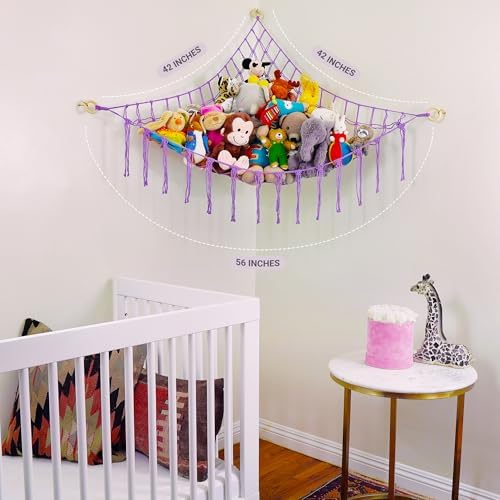 ABBY BABY Large Stuffed Animal Hammock Corner - Stuffed Animal Storage - 100% Natural Cotton Macrame Stuffed Animal Net - Stuff Animal Organizer - Net For Stuffed Animals Corner Large - Purple - Image 3