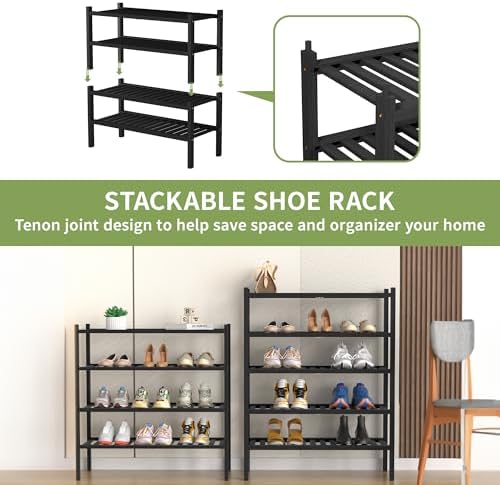 ROMGUAR CRAFT 4 Tier (Thick) Bamboo Shoe Rack for Closet Free Standing Wood Shoe Shelf for Entryway Small Space Stackable 27"x12"x28" (Blackl) - Image 4