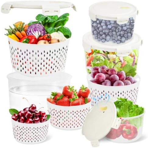 8 Pieces Airtight Fruit Storage Containers for Fridge with Air Circulation Vent, 4 Pack Round Produce Saver with Colander for Berry Lettuce Salad Vegetable Storage, Refrigerator Organizers -White by TBMax