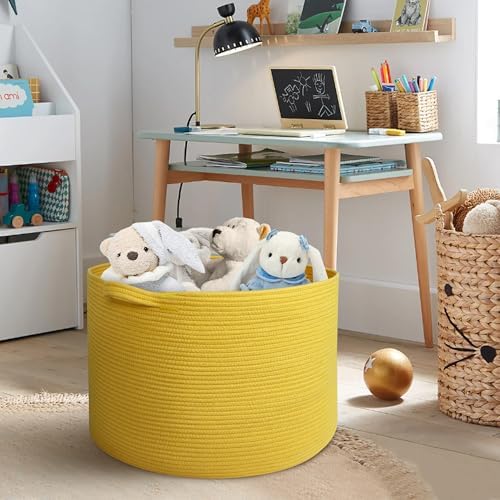 MEGASKET Extra Large Yellow Basket, 22” X 22” X 14” Cotton Rope Yellow Decor for Living Room Bedroom, Woven Basket for Blanket, Laundry, Towel, Shoe, Baby Nursery Toy Organizer, Room Decor Storage Bin - Image 5