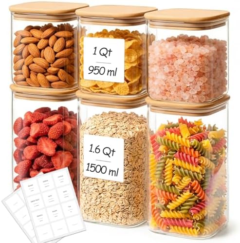 Glass Pantry Storage Containers with Lids 1/1.6 Qt 6 Pack Square by KTMAMA