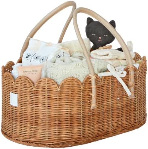 BEBE BASK Premium Baby Diaper Caddy Organizer - Scalloped Rattan Basket by BEBEBASK%C2%AE