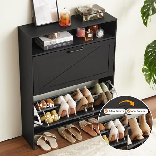 RWYHG Shoe Cabinet with 2 Flip Drawers, Narrow Entryway Organizer,Black - Image 5