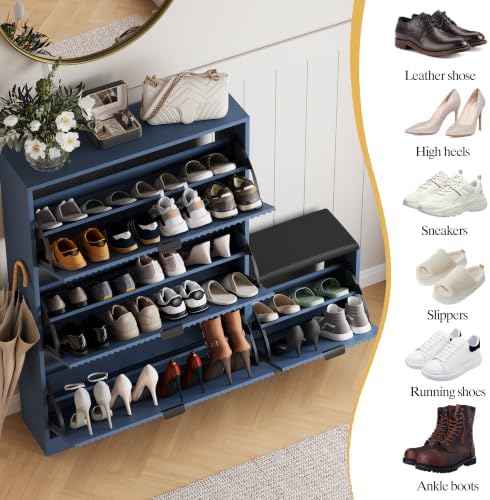 HUANLEGO Shoe Cabinet Storage for Entryway with Flip Drawer & Bench, Blue - Image 6