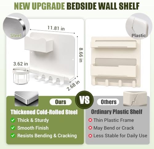 Floating Bedside Wall Shelf, Metal Bedside Wall Organizer with Detachable Cup Holder, No Drill Wall Mounted Storage for Bedroom, Dorm, Loft Bed, Bunk Bed & Small Space Organization - Image 2