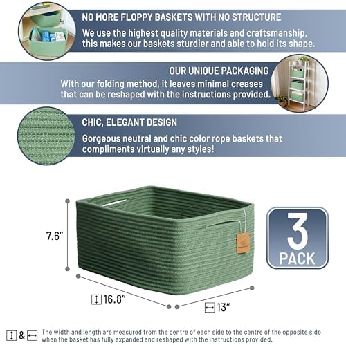 NaturalCozy Storage Baskets 16.8”x13”x7.6” Cotton Rope Woven Baskets for Organizing 3-Pack | Toy Storage Bins | Basket for Shelves, Laundry, Blanket, Clothes, Closet, Kitchen, Bathroom, Gifts - Image 2