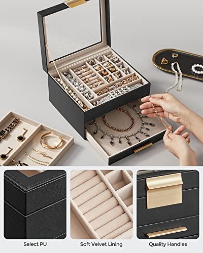 SONGMICS Jewelry Box Organizer, 3-Layer Storage with 2 Drawers, Glass Lid - Image 5