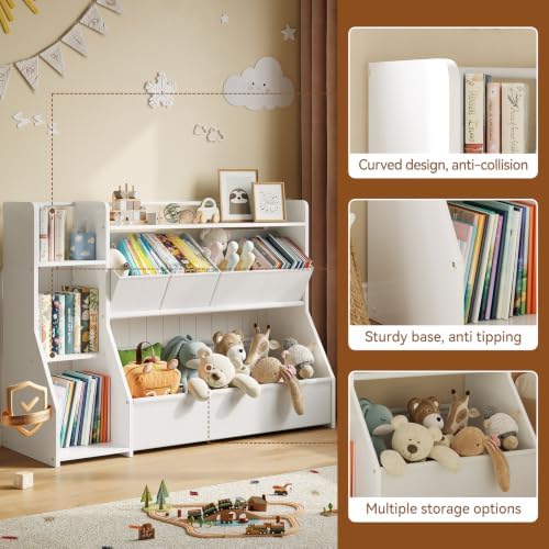FOUCSSOMEI Kids Toy Storage Organizer with Bookshelf, 3-Tier Wooden Toddler Toy and Book Storage Rack with 3 Removable Bins for Living Room Playroom - Image 5