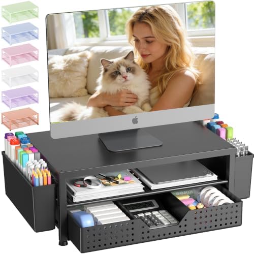 OPNICE Desk Organizers and Accessories, Computer Monitor Stand Riser with Drawer and 2 Pen Holders, Printer & Laptop Stand, Office Desk Accessories & Workspace Organizers for Home Office Supplies, Black by OPNICE