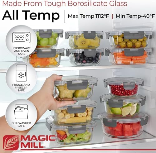 Magic Mill Premium Borosilicate Glass Food Storage Containers with lids Set | 24pc Sets with 12 Bowls & 12 Airtight Locking Lids for Lunch & Meal Prep, Safe for Oven, Freezer, Dishwasher, BPA-Free - Image 2