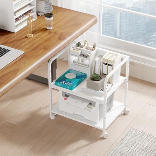 21"x15.8" Large Printer Stand with Storage, 2-Tier Under Desk Printer Table, Rolling Printer Cart with Lockable Wheels for Home, Office (White) - Image 2
