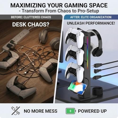 KAFRI RGB Gaming Headphone Stand with Controller Holder, Desk Organizer with Retractable Charger Cable, 2 AC Outlets & 4 Type-C Charging Ports, PC Gaming Accessories for Headset & Controller (Black) - Image 3