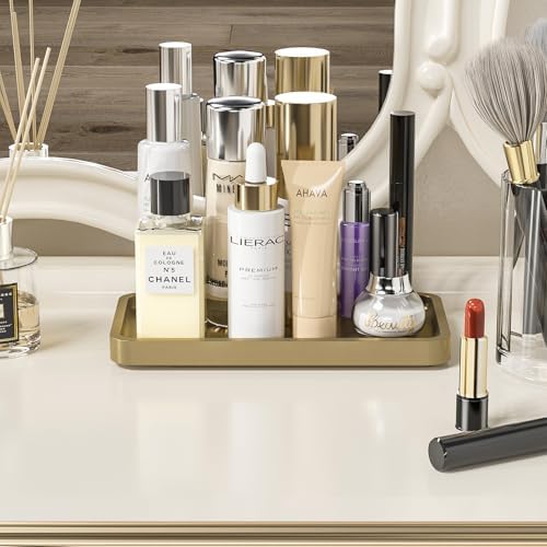 Weenson Gold Bathroom Vanity Tray for Countertop Makeup Perfume Jewelry Decor Candle Keys, Bamboo Kitchen Tray for Soap Dispenser Spice, Small Toilet Tray Nightstand 7.9" L x 4" W x 0.79" H - Image 2