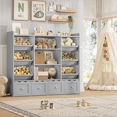 HITHOS 55" W Kids Toy Storage Organizer with 10 Toy Box & Book Shelf, Gray by HITHOS