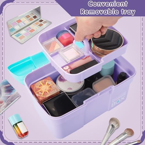 TERGOO 11in Mutipurpose Storage Box Organizer with Removable Tray, Portable Small Craft Organizer with Handle, Plastic Clear Tool Box Art Case for Makeup, Sewing, Nail, Hair Accessories (Purple Blue) - Image 5