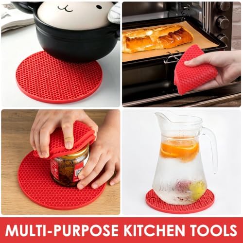 Silicone Trivets for Hot Pots and Pans - 4PCS Heat Resistant Oversized Silicone Pot Holders Hot Pads for Kitchen, Multipurpose Round Trivet Mat, Spoon Holder & Jar Opener, Drying Mat（Red） - Image 2