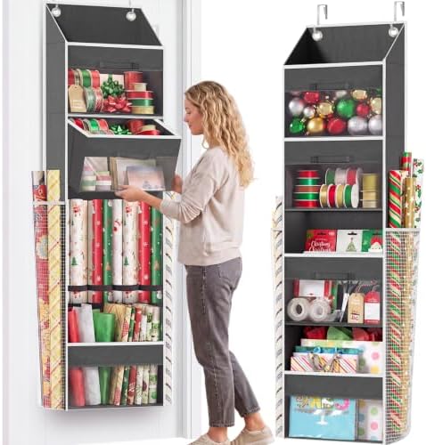 Over Door Wrapping Paper Organizer Storage with 3 Removable Drawers & Side Pockets – Dual Use Design with Elastic Straps – Christmas Gift Wrap Storage for Ribbons, Bows, Ornament and Other Tools 1Pack by Ofiray-home