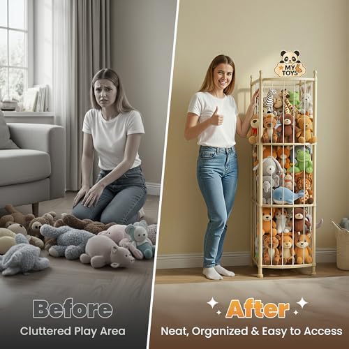 Stuffed Animal Storage Organizer, Wooden Toy Storage Organizer & Plush Storage Tower with Elastic Cords, Stuffed Animal Zoo for Kids Bedroom, Playroom & Nursery, Solid Pine, 15.7 x 15.7 x 53.5 In - Image 6
