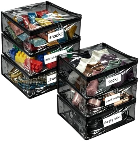 Plastic Storage Bags with Easy-Glide Zipper, Pack of 6, Durable Clear Vinyl Zippered Storage Bags for Clothes Sweaters Comforters Blankets Sheets Bedding (12 x 12 x 3.9 Inch, Transparent Black) by Kikerike