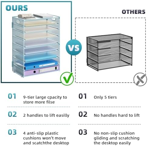 Marbrasse Paper Organizer Letter Tray, 9 Tier Mesh File Organizer with Handle, Paper Sorter Desk Organizer for Home Office Supplies - Blue - Image 2