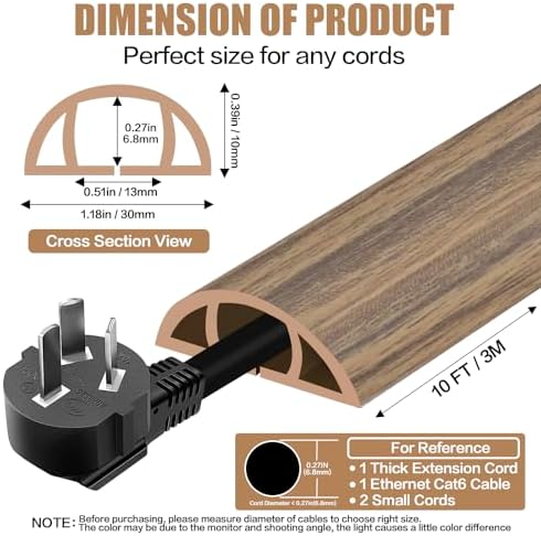 Floor Cord Cover Self Adhesive Cord Hider,10FT Cable Management, Extension Strip Protector for Wires, Prevent Cable Trips for Offices, Gyms, Exhibitions Cavity:0.39"(W) x0.27(H) Woodsmokedbrown - Image 2