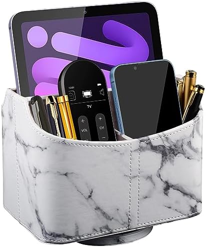 PU Leather Remote Control Holder 360 Degree Rotating Desk Organizer/Caddy Storage Box for Remote Controllers,TV Guide, Mail, Electronics,Pen,Stationery and Media Storage white by RHCSZ