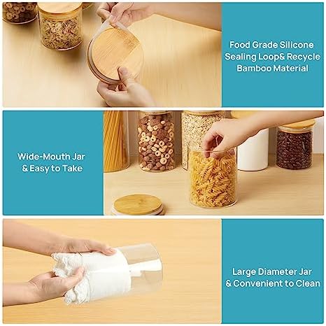 Vtopmart Glass Food Storage Jars, 7 Pack Kitchen Containers with Airtight Bamboo Wooden Lids for Pasta, Cookies, Nuts, Coffee Beans, Cereal, Canisters Set for Flour, Pantry Organization, BPA Free - Image 5