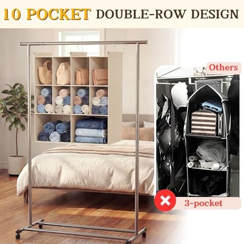 3 Tier Hanging Closet Organizer, 10 Compartments Dual Row Storage, Beige - Image 4