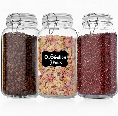 Liuruiyu 78oz Glass Food Storage Jars with Airtight Clamp Lids, 3 Pack Wide Mouth Large Kitchen Canisters for Flour, Cereal, Beans, Pasta and Canning, Square Mason Jar with Labels by Liuruiyu