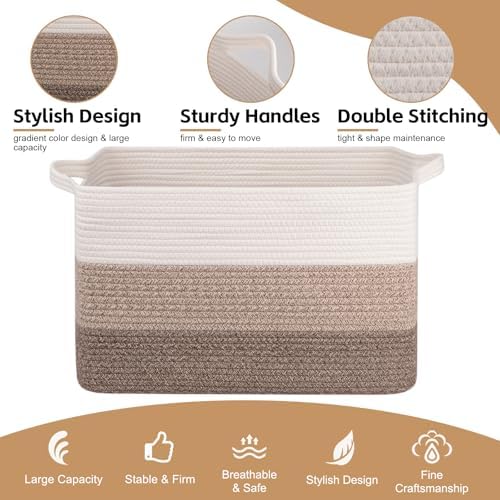 OIAHOMY Extra Large Blanket Basket, 95L Cotton Rope Woven Laundry Basket, Toy Bin for Baby Room, Container for Blanket Storage in Living Room, 24''×17''×14'', Gradient Brown - Image 6