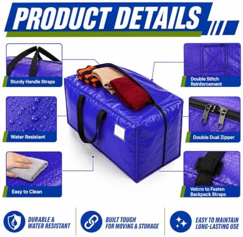 8 Pack Heavy Duty Moving Bags 25 Gallon – Extra Large Moving Boxes with Reinforced Wrap-Around Handles & ID Window, Waterproof Storage Bags for Moving, College Dorm, Home Organization – Blue - Image 3