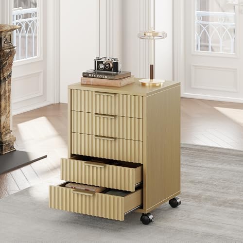 5 Drawer Chest, Under Desk Storage Wood Drawers with Wheels,Fluted File Cabinet for Home Office, Natural Walnut by Perledesign%E2%80%93WorkinStyle