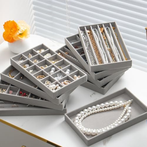 SPAKOWN Stackable Jewelry Organizer Trays for Drawer Set of 8 - Grey - Image 4