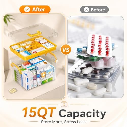 2 Pack Clear Medicine Organizer Box with Handle, Plastic Medicine Container with Tray First Aid Box Empty, Thickened Medicine Storage Organizer Multipurpose Medication Organizer Storage, Yellow - Image 3