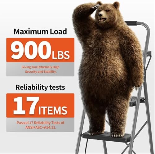 Folding Step Stool 4 Step Ladder with Tool Platform, Wide Anti-Slip Pedal and Anti-Slip Feet, Sturdiest Steel Construction, 900lbs Capacity Steel Ladder, Installation Free, Grey - Image 2