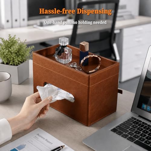 LAMOTI Tissue Box Cover Rectangle with Storage, PU Leather Tissue Holder - Image 3