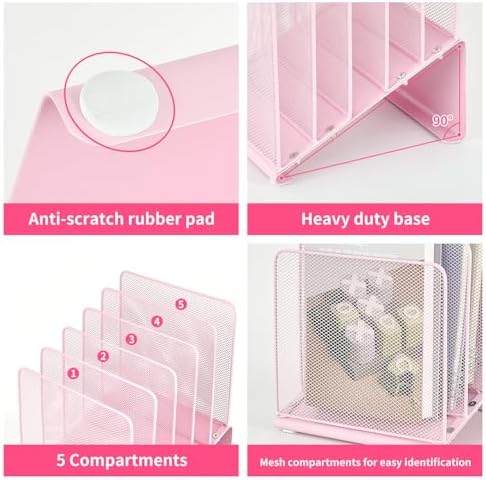 LEKETREE File Organizer for Desk, Desk Organizer with 5-Section Vertical File Rack, Folder Organizer,Workspace Organizers (Pink) - Image 4