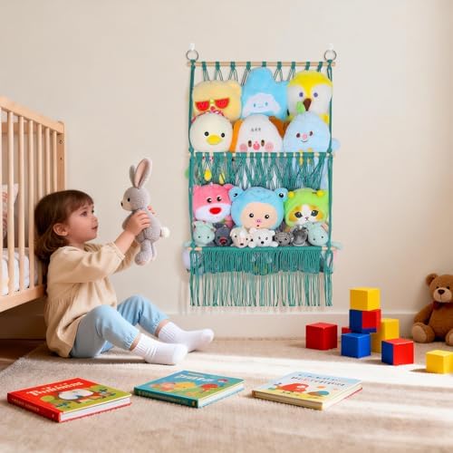 2 Tier Stuffed Animal Storage Net, Large Boho Stuffy Plushies Storage,Aqua - Image 2