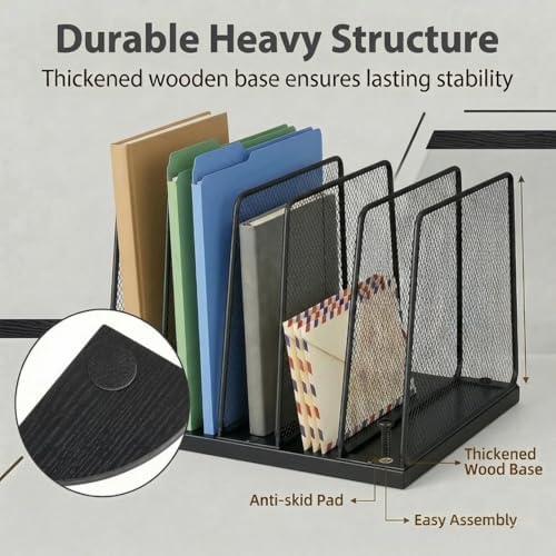 5-Section Vertical File Organizer for Desk, Sturdy Wood Base & Metal Mesh Desktop File Holder, Upright Paper Folder Sorter for Office Supplies（Black） - Image 3