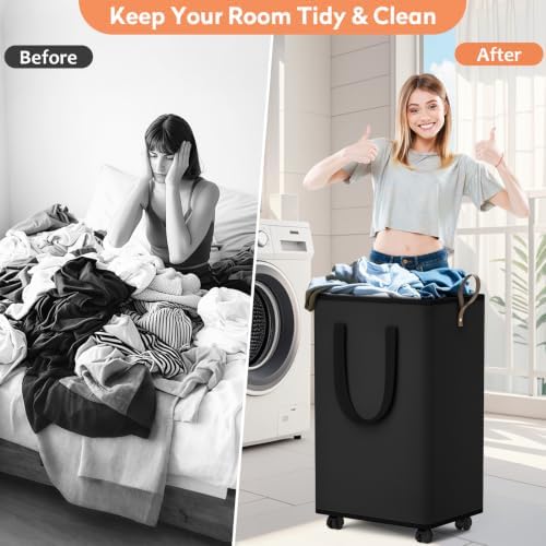 SpaceTrove Rolling Laundry Basket with Wheels, Laundry Hamper, 100L, Black - Image 4