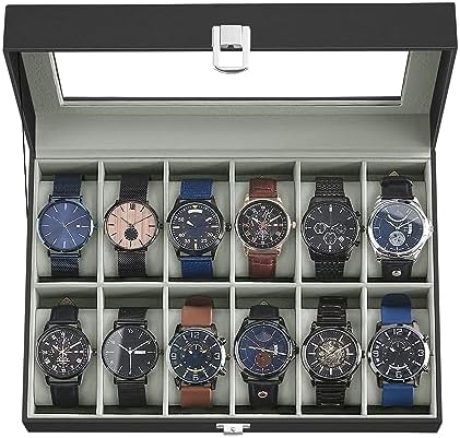 SONGMICS Watch Box, 12-Slot Watch Case Organizer with Large Glass Lid, Removable Pillows, Gift for Loved Ones, Black Synthetic Leather, Gray Lining UJWB12BK by SONGMICSbySONGMICSHOME
