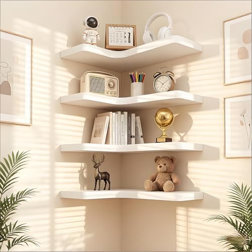 Floating Corner Shelves, Wall Shelf Set of 4, Shelves for Wall Storage, Solid Wood Shelves for Storage, Wall Mount Wooden Display Shelf for Bathroom Bedroom Kitchen Garage (White 4 Pcs) - Image 6