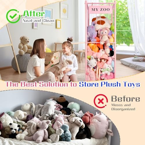GLDZI Stuffed Animal Storage Zoo, Wooden Stuffed Animal Organizer with Elastic Cords for Boys Girls, Space Saving Toy Plushies Storage Holder for Playroom, Bedroom, Living Room (Pink, Large) - Image 4