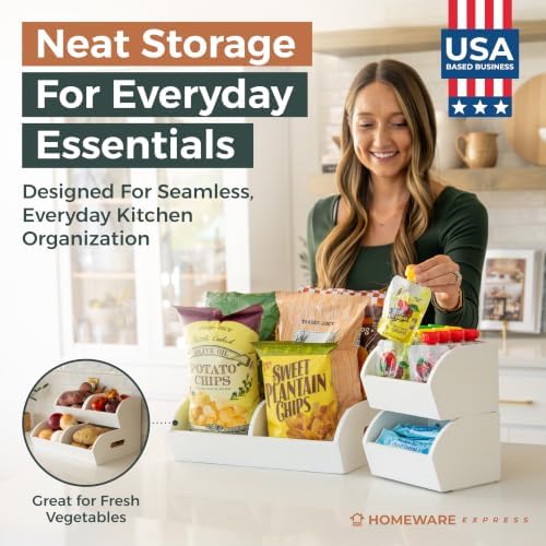 Potato and Onion Storage Bin, Stackable Bamboo Pantry Organizer and Storage, White - Image 2