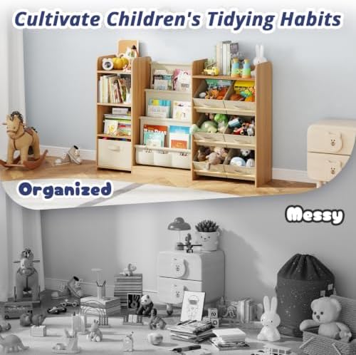 Kids Bookshelf and Toy Storage with 7 Removable Bins, 52 inch, Burlywood - Image 6